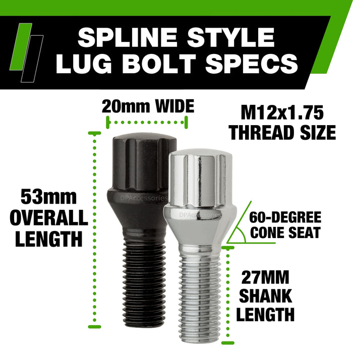 DPAccessories M12x1.75 Lug Bolts For Aftermarket Wheels | Spline Bolt | 27mm Shank