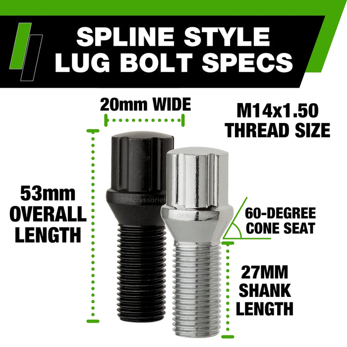 DPAccessories M14x1.50 Lug Bolts For Aftermarket Wheels | Spline Bolt | 27mm Shank