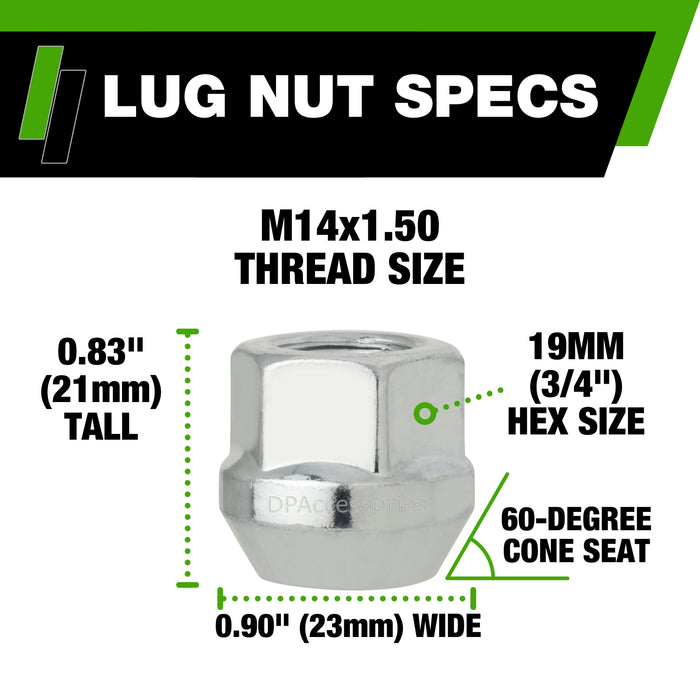 DPAccessories M14x1.50 Lug Nuts For Aftermarket Wheels - Open End Bulge Acorn - 21mm (0.83") Tall - 19mm (3/4") Hex
