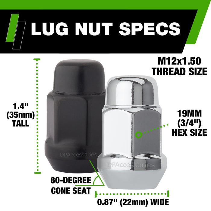 DPAccessories M12x1.50 Lug Nuts | Closed End Bulge Acorn | 36mm (1.4") Tall | 19mm (3/4") Hex
