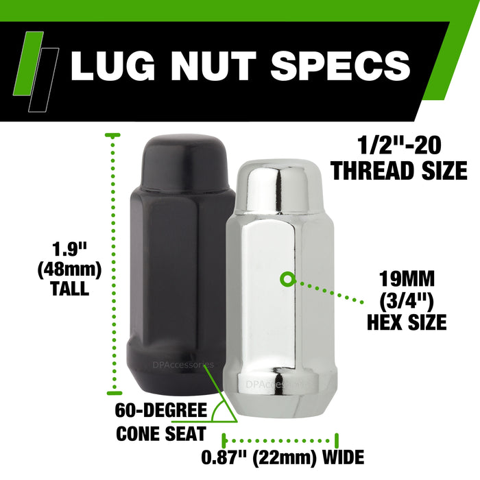DPAccessories 1/2-20 Lug Nuts For Aftermarket Wheels - Closed End XL Bulge Acorn - 48mm (1.9") Tall - 19mm (3/4") Hex