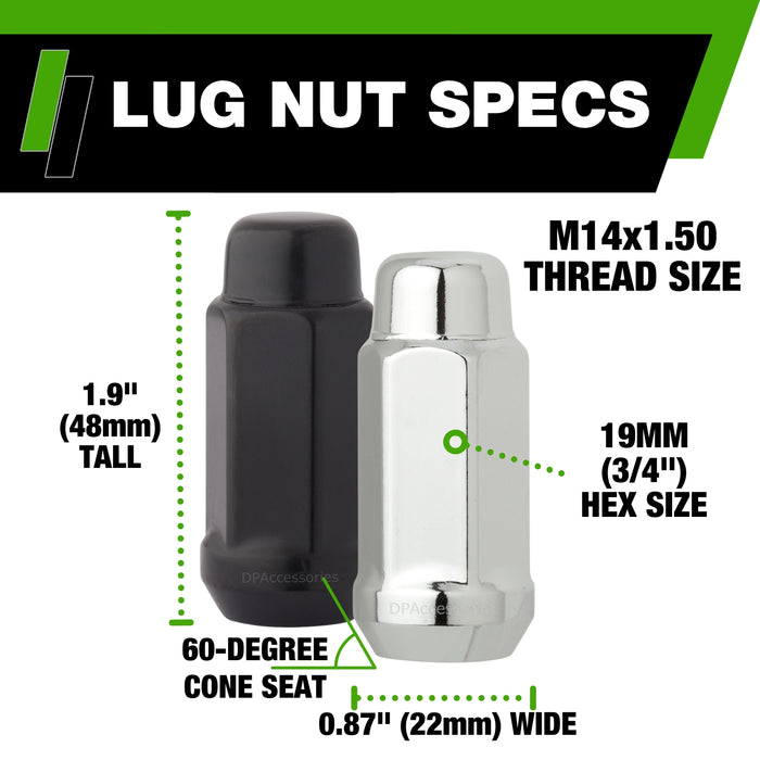 DPAccessories M14x1.50 Lug Nuts For Aftermarket Wheels - Closed End XL Bulge Acorn - 48mm (1.9") Tall - 19mm (3/4") Hex