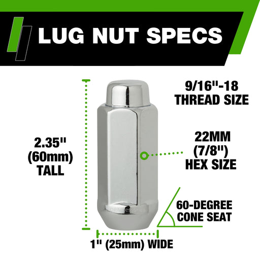 DPAccessories 9/16-18 Lug Nuts - Closed End XXL Bulge Acorn - 22mm (7/8") Hex - 2.35" Tall