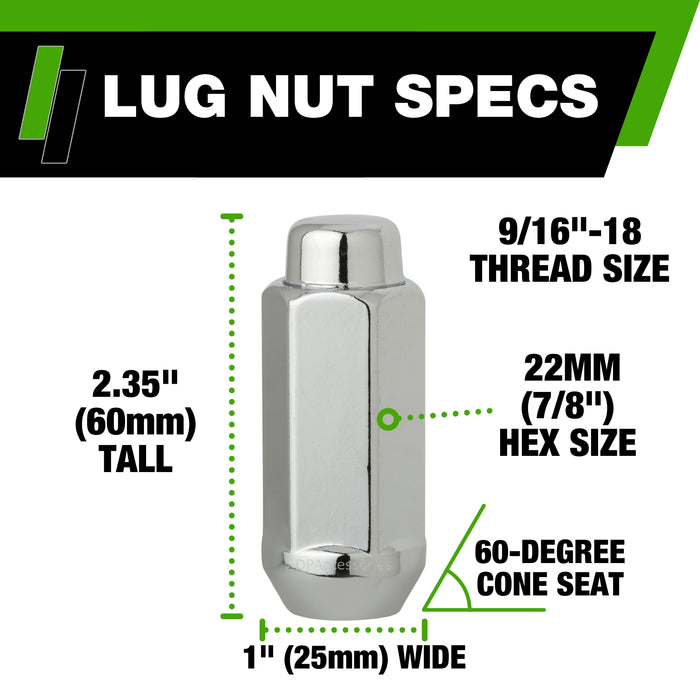 DPAccessories 9/16-18 Lug Nuts - Closed End XXL Bulge Acorn - 22mm (7/8") Hex - 2.35" Tall