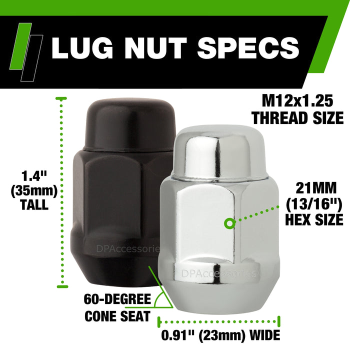 DPAccessories M12x1.25 Lug Nuts - Closed End Bulge Acorn - 21mm (13/16") Hex - 1.4" Tall