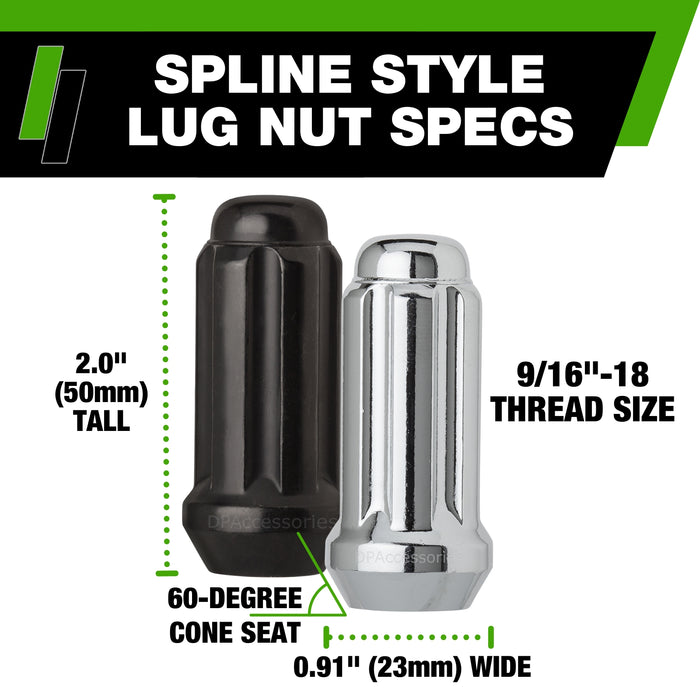 DPAccessories 9/16-18 Lug Nuts For Aftermarket Wheels - Closed End Duplex XL Spline Tuner - 51mm (2") Tall