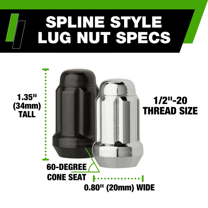 DPAccessories 1/2-20 Lug Nuts For Aftermarket Wheels - Closed End Spline Tuner - 34mm (1.35") Tall