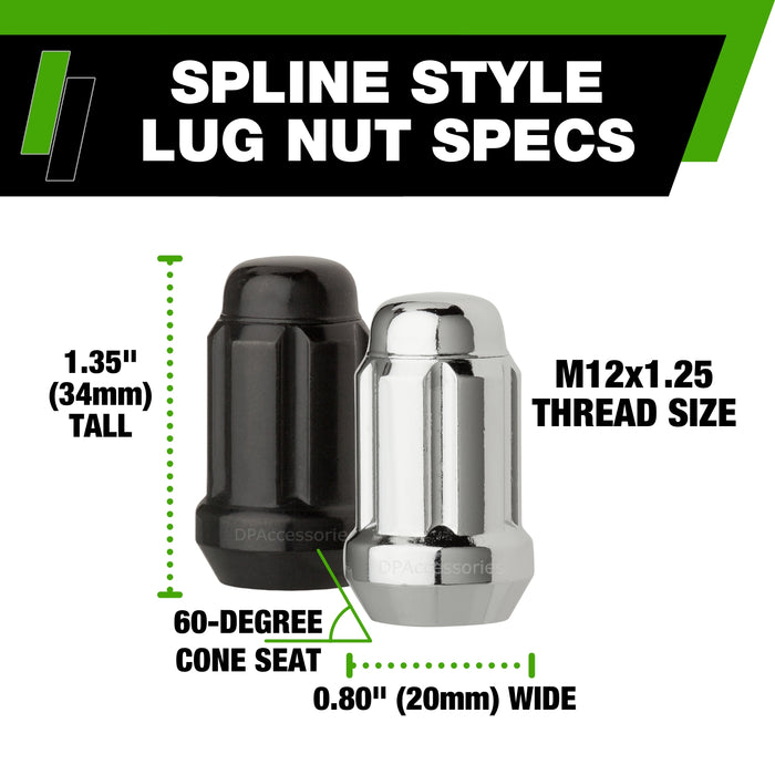 DPAccessories M12x1.25 Lug Nuts For Aftermarket Wheels - Closed End Spline Tuner - 34mm (1.35") Tall