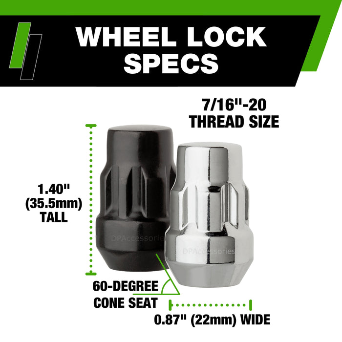 DPAccessories 7/16-20 Lug Nut Locks | Bulge Acorn | 36mm (1.4") Tall | 19mm (3/4") & 21mm (13/16") Hex