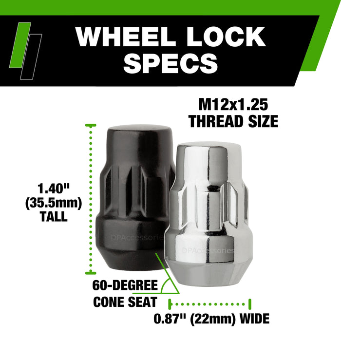 DPAccessories M12x1.25 Lug Nut Locks | Bulge Acorn | 36mm (1.4") Tall | 19mm (3/4") & 21mm (13/16") Hex