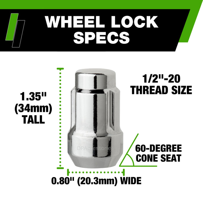 DPAccessories 1/2-20 Lug Nut Locks For Aftermarket Wheels | Spline/Tuner | 34mm (1.35") Tall | 19mm (3/4") & 21mm (13/16") Hex