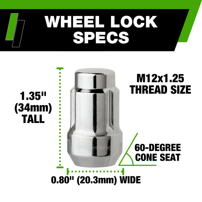 DPAccessories M12x1.25 Lug Nut Locks For Aftermarket Wheels | Spline/Tuner | 34mm (1.35") Tall | 19mm (3/4") & 21mm (13/16") Hex