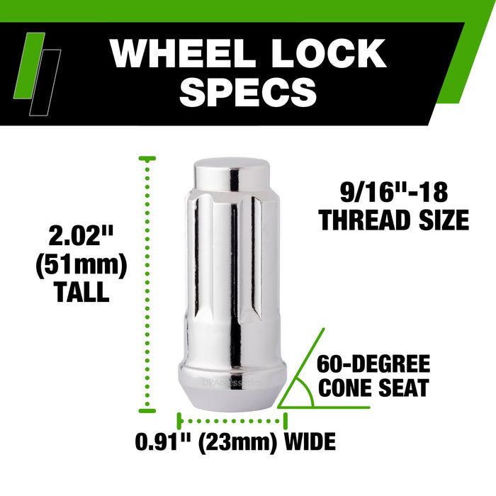 DPAccessories 9/16-18 Lug Nut Locks For Aftermarket Wheels | Spline/Tuner Duplex XL | 51mm (2.02") Tall | 21mm (13/16") & 22mm (7/8") Hex