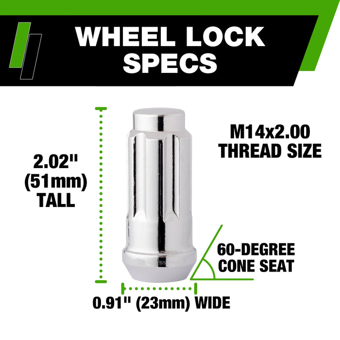 DPAccessories M14x2.00 Lug Nut Locks For Aftermarket Wheels | Spline/Tuner Duplex XL | 51mm (2.02") Tall | 21mm (13/16") & 22mm (7/8") Hex