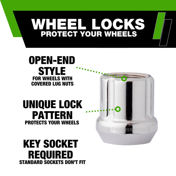 DPAccessories 7/16-20 Lug Nut Locks For Aftermarket Wheels | Open End Spline Tuner | 22mm (0.87") Tall | 19mm (3/4") & 21mm (13/16") Hex