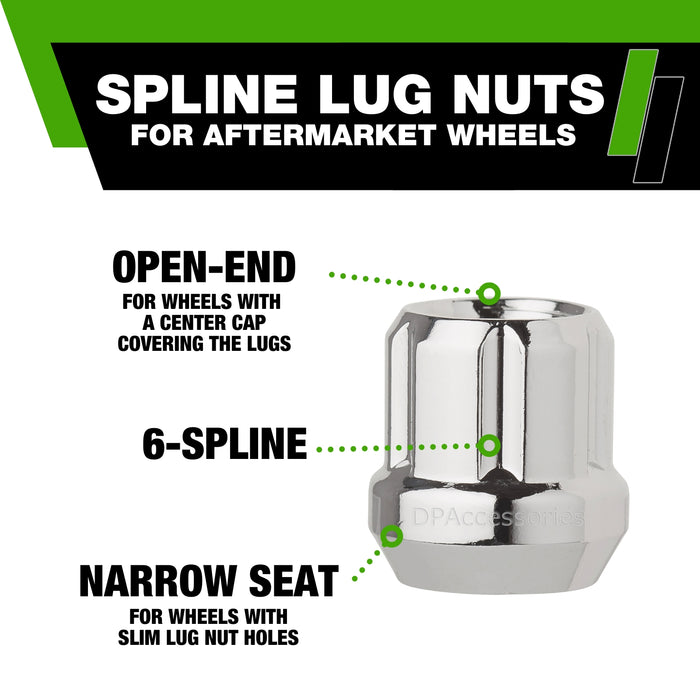DPAccessories M12x1.25 Lug Nuts For Aftermarket Wheels - Open End Spline Tuner - 22mm (0.85") Tall