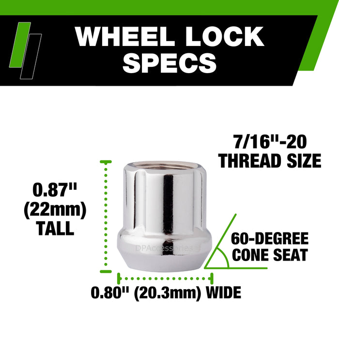 DPAccessories 7/16-20 Lug Nut Locks For Aftermarket Wheels | Open End Spline Tuner | 22mm (0.87") Tall | 19mm (3/4") & 21mm (13/16") Hex