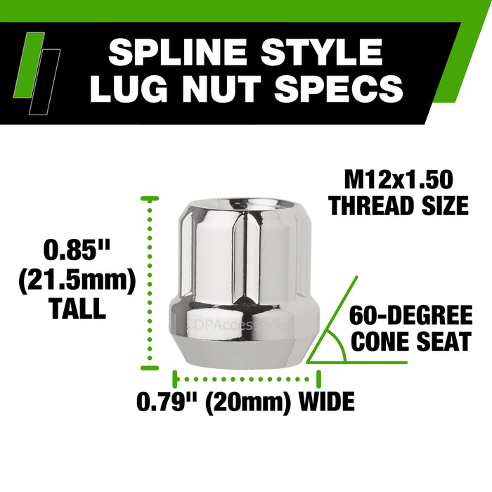 DPAccessories M12x1.50 Lug Nuts For Aftermarket Wheels - Open End Spline Tuner - 22mm (0.85") Tall