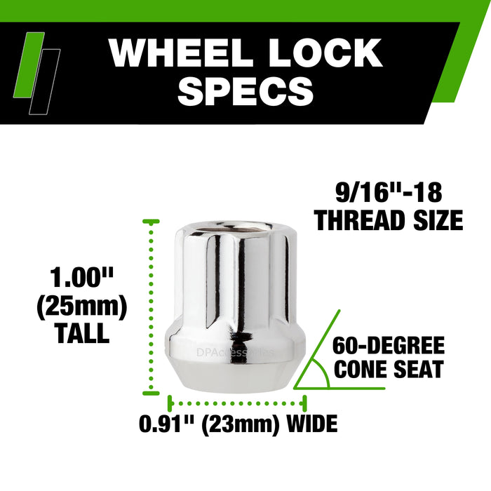 DPAccessories 9/16-18 Lug Nut Locks For Aftermarket Wheels | Open End Duplex Spline Tuner | 25mm (1") Tall | 21mm (13/16") & 22mm (7/8") Hex